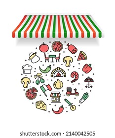 Pizzeria Round Design Template Contour Lines Icon Concept with Striped Awning Tent for Promotion, Marketing and Advertising. Vector illustration