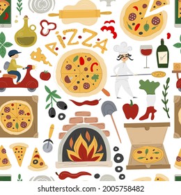 Pizzeria Seamless Pattern Background. Pizza Make and Delivery design elements
