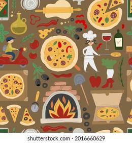 Pizzeria Seamless Pattern Background. Pizza Make and Delivery design elements