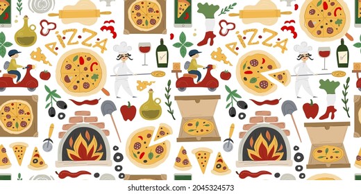 Pizzeria Seamless Pattern Background. Pizza Make and Delivery design elements