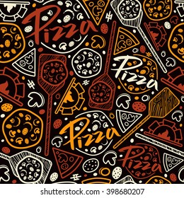 Pizzeria seamless pattern. Color print on black background