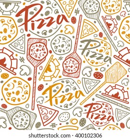 Pizzeria seamless pattern. Color print on white background