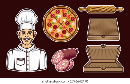 Pizzeria set of vector colorful objects or design elements on dark background