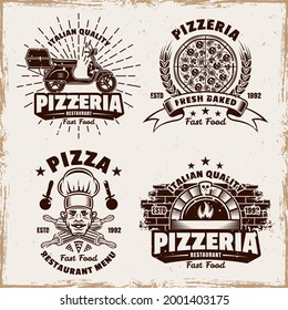 Pizzeria set of vector emblems, badges, labels or logos in vintage style on background with removable grunge textures