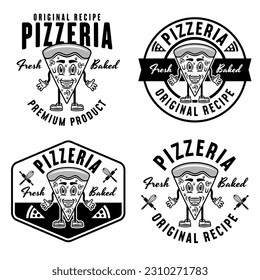 Pizzeria set of vector emblems, logos, badges or labels with pizza piece cartoon character in monochrome style isolated on white background