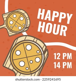 Pizzeria or shop offering happy hour for clients. Bakery with Italian pizza recipes and dishes, tasty meals for customers. Discounts from 12 to 14 pm. Promotional banner. Vector in flat style