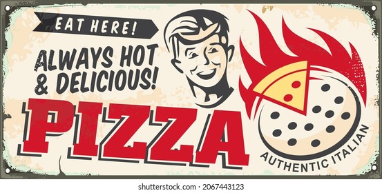 Pizzeria sign with happy smiling boy graphic and Italian pizza on fire. Hot pepperoni pizza retro advertisement. Food and restaurants vector illustration.