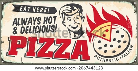 Pizzeria sign with happy smiling boy graphic and Italian pizza on fire. Hot pepperoni pizza retro advertisement. Food and restaurants vector illustration.