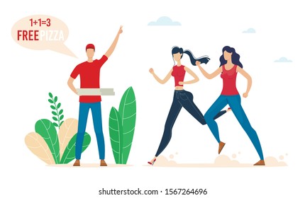 Pizzeria Special Offer, Fast Food Cafe or Restaurant Promo Campaign Trendy Flat Vector Concept with Deliveryman Promoting on Street, Women, Female Clients Hurrying on Take Free Pizza Illustration