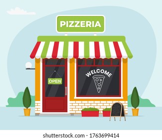 Pizzeria store front. Commercial, property, market caffee. Vector illustration in flat style