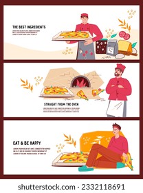 Pizzeria takeout and restaurant banners and leaflets collection, hand drawn vector illustration. Pizza baking and delivery advertising banners bundle.
