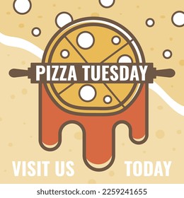 Pizzeria tasty dishes, pizza tuesday on menu. Delicious products for breakfast or dinner, visit us today to use discount and sale. Advertisement or marketing banner. Vector in flat style illustration
