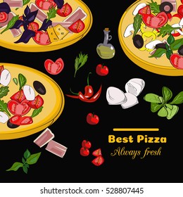 Pizzeria top view frame. Food menu design. Vector drawn sketch illustration.