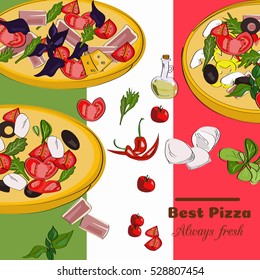 Pizzeria top view frame. Food menu design. Vector drawn sketch illustration.