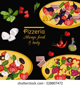 Pizzeria top view frame. Food menu design. Vector drawn sketch illustration.