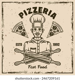 Pizzeria vector emblem, badge, label in vintage style on background with removable grunge texture