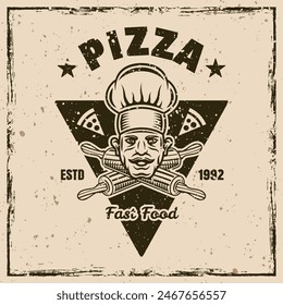 Pizzeria Vektorgrafik Emblem, Abzeichen, Etikett im Vintage-Stil auf Hintergrund mit abnehmbarer Grunge-Textur