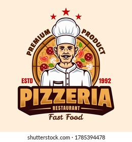 Pizzeria-Vektorsymbol, Logo, Abzeichen oder Etikett mit Koch in buntem Cartoon-Stil einzeln auf hellem Hintergrund. Vorlage für Schnellfutterlieferungen