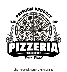 Pizzeria vector emblem, logo, badge or label with round pizza in vintage monochrome style isolated on white background. Fast food delivery logotype template