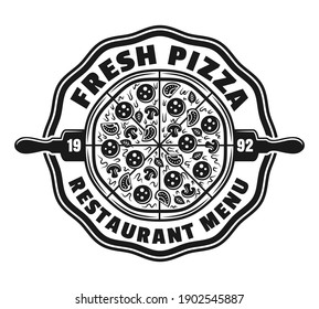 Pizzeria vector emblem, logo, badge or label with round pizza in vintage monochrome style isolated on white background. Fast food delivery logotype template