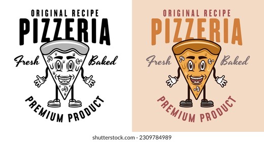 Emblema vectorial de la pizzería, logotipo, placa o etiqueta con caricatura de la pieza de pizza en dos estilos negro sobre blanco y colorido