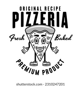Pizzeria vector emblem, logo, badge or label with pizza piece cartoon character in vintage monochrome style isolated on white