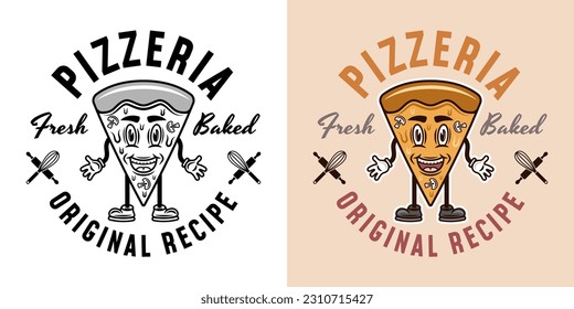 Pizzeria vector emblem, logo, badge or label with pizza piece cartoon character in two styles black on white and colored