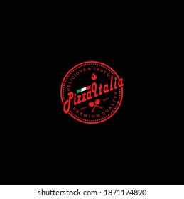 Pizzeria Vector Emblem on the Black Background, Pizza Logo Template Vector Emblem for Cafe, Restaurant or Food Delivery Service