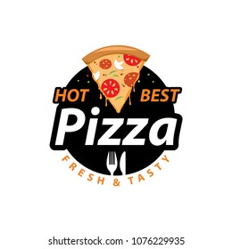 Pizzeria Vector Emblem on blackboard. Pizza logo template. Vector emblem for cafe, restaurant or food delivery service.