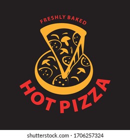 Pizzeria Vector Emblem on blackboard. Pizza logo template. Vector emblem for cafe, restaurant or food delivery service.