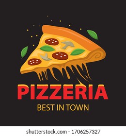 Pizzeria Vector Emblem on blackboard. Pizza logo template. Vector emblem for cafe, restaurant or food delivery service.