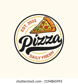 Pizzeria Vector Emblem on blackboard. Pizza logo template. Vector emblem for cafe, restaurant or food delivery service. Vector illustration.