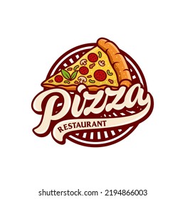 Pizzeria Vector Emblem on blackboard. Pizza logo template. Vector emblem for cafe, restaurant or food delivery service. Vector illustration.