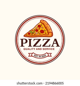 Pizzeria Vector Emblem on blackboard. Pizza logo template. Vector emblem for cafe, restaurant or food delivery service. Vector illustration.