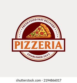 Pizzeria Vector Emblem on blackboard. Pizza logo template. Vector emblem for cafe, restaurant or food delivery service. Vector illustration.