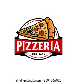 Pizzeria Vector Emblem on blackboard. Pizza logo template. Vector emblem for cafe, restaurant or food delivery service. Vector illustration.