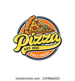 Pizzeria Vector Emblem on blackboard. Pizza logo template. Vector emblem for cafe, restaurant or food delivery service. Vector illustration.