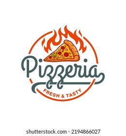 Pizzeria Vector Emblem on blackboard. Pizza logo template. Vector emblem for cafe, restaurant or food delivery service. Vector illustration.