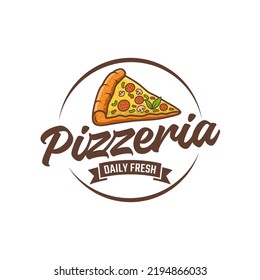 Pizzeria Vector Emblem on blackboard. Pizza logo template. Vector emblem for cafe, restaurant or food delivery service. Vector illustration.