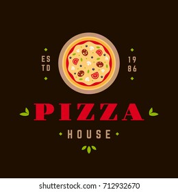 Pizzeria Vector Emblem on Blackboard. Pizza Logo Template. Vector Emblem for Cafe, Restaurant or Packaging.