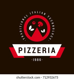 Pizzeria Vector Emblem on Blackboard. Pizza Logo Template. Vector Emblem for Cafe, Restaurant or Packaging.