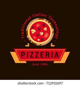 Pizzeria Vector Emblem on Blackboard. Pizza Logo Template. Vector Emblem for Cafe, Restaurant or Packaging.