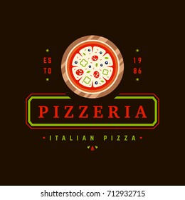 Pizzeria Vector Emblem on Blackboard. Pizza Logo Template. Vector Emblem for Cafe, Restaurant or Packaging.