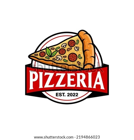 Pizzeria Vector Emblem on blackboard. Pizza logo template. Vector emblem for cafe, restaurant or food delivery service. Vector illustration.