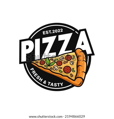 Pizzeria Vector Emblem on blackboard. Pizza logo template. Vector emblem for cafe, restaurant or food delivery service. Vector illustration.
