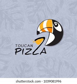 Pizzeria Vector Emblem on a gray background with tropical leaves. Pizza Toucan. Pizza logo template. Vector emblem for cafe, restaurant or food delivery service.