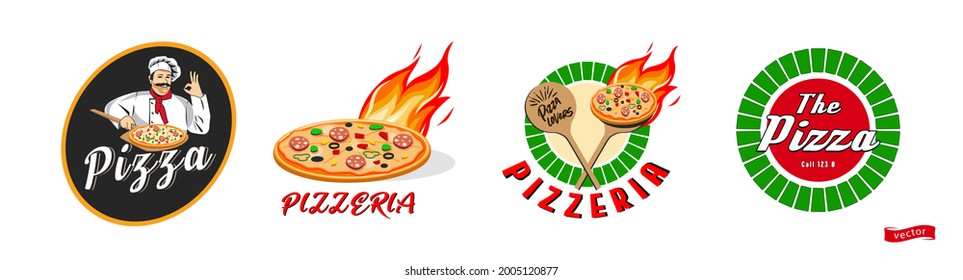 Pizzeria Vector Emblem. Pizza logo template. Vector emblem for cafe, restaurant or food delivery service. Design element for poster, menu, flyer, banner, menu, package.