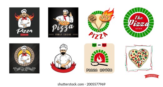 Pizzeria Vectoremblem. Pizza Logo Vorlage. Vektorsymbol für Café, Restaurant oder Gastronomie. Design-Element für Poster, Menü, Flyer, Banner, Menü, Paket.