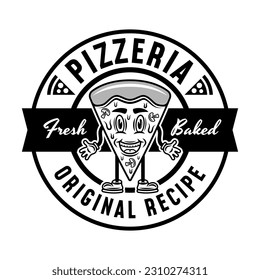 Pizzeria vector round emblem, logo, badge or label with pizza piece cartoon character in vintage monochrome style isolated on white
