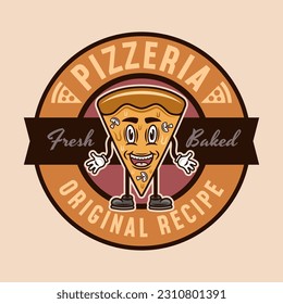 Pizzeria vector round emblem, logo, badge or label with pizza piece cartoon character in colored style on light background